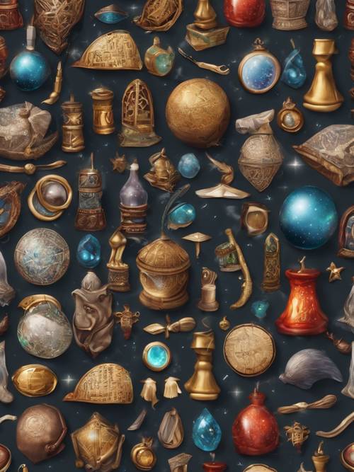 Endless pattern of magical items from the world of wizards.
