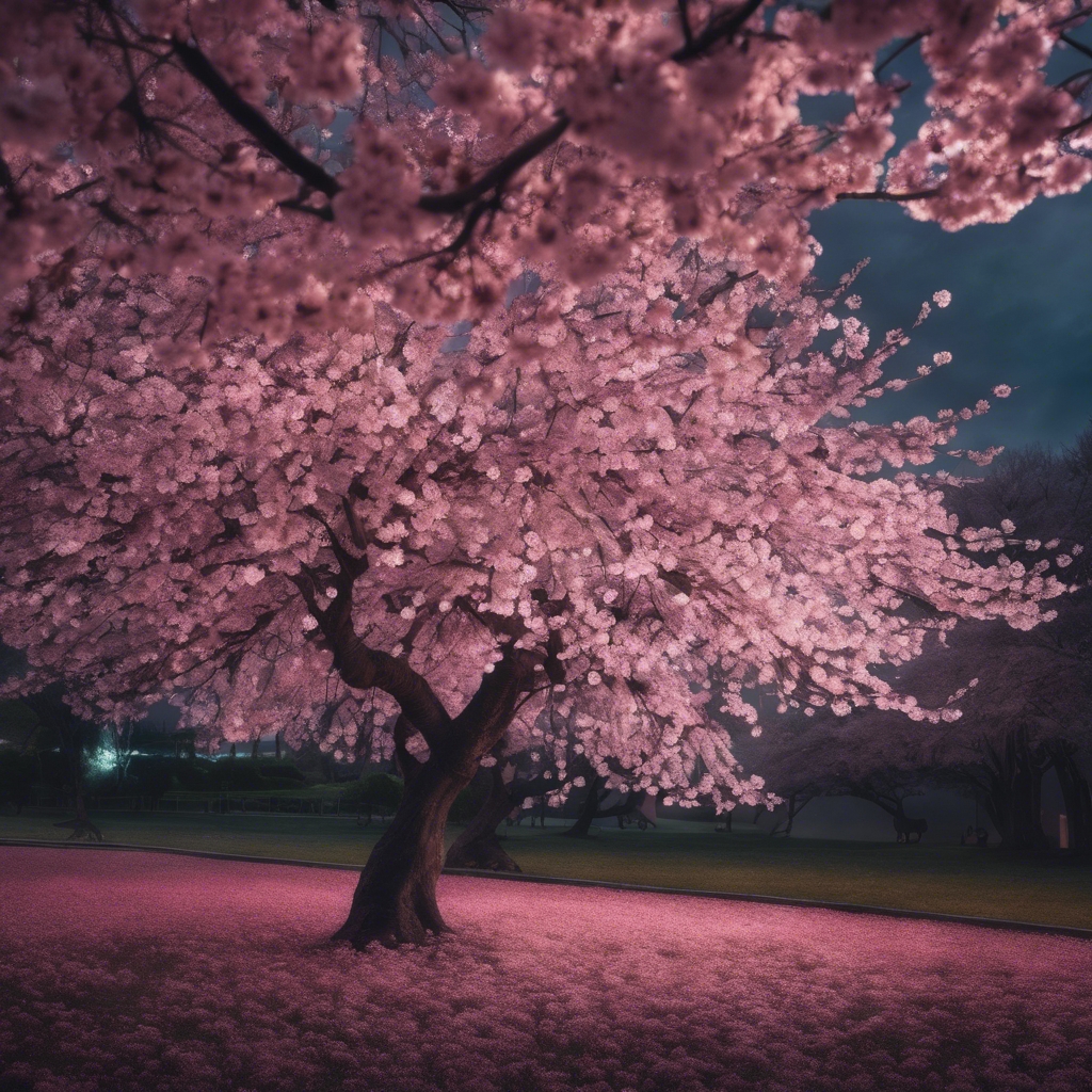 A cherry blossom tree in full bloom at night under pink and black skies.壁紙[f536b0b444214e9f876c]