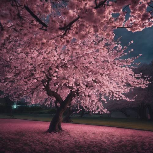Ein Kirschblütenbaum in voller Blüte bei Nacht unter rosa und schwarzem Himmel.