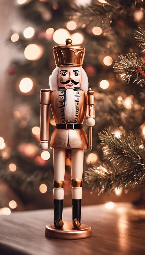 A rose gold nutcracker standing guard by a beautiful Christmas tree.