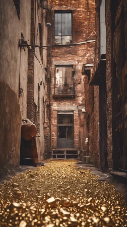 Alleyway in an old mining town, with gold nuggets scattered on the ground.
