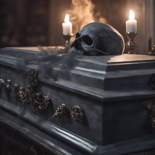 当吸血鬼在夜幕降临时醒来时，灰色的烟雾从吸血鬼的棺材中弥漫出来。