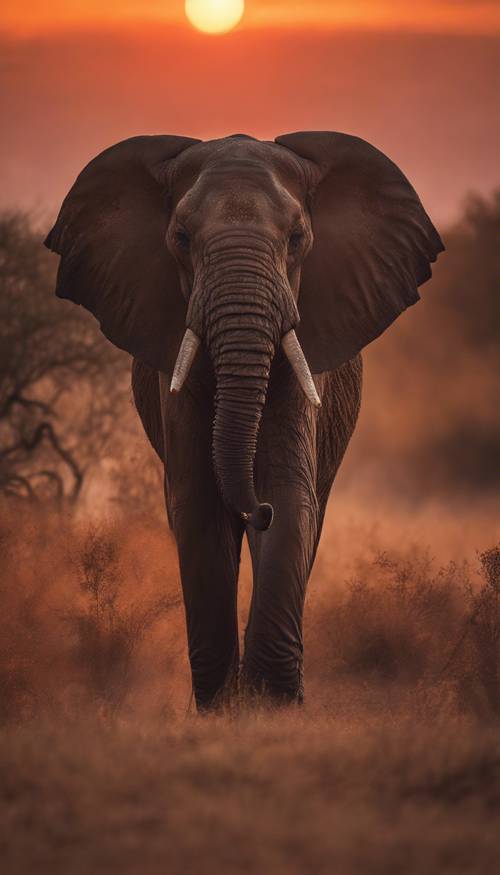 Un maestoso elefante africano al crepuscolo, la sua sagoma drammaticamente retroilluminata da uno sfolgorante tramonto rosso e arancione.