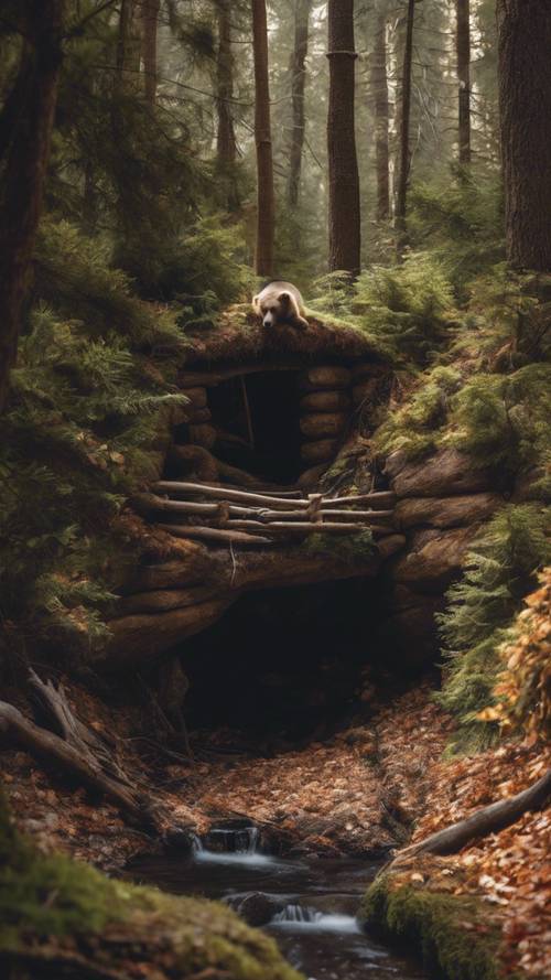 Mała, przytulna jaskinia przystosowana do hibernacji niedźwiedzia, usiana liśćmi, igłami sosnowymi i niewielkim strumykiem.