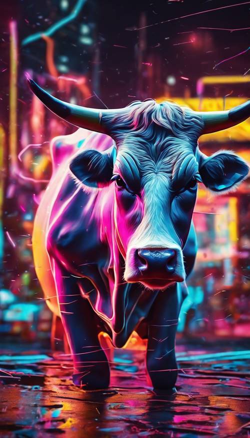 Uma pintura abstrata neon inspirada na forma distinta de uma vaca.