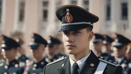 A young military officer saluting at his military academy graduation.