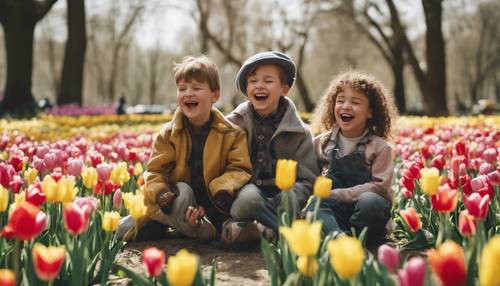 春の公園で楽しそうに遊ぶ子供たち、チューリップとスイセンに囲まれた壁紙
