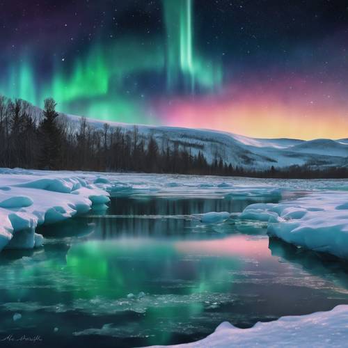 Zorza polarna maluje nocne niebo w wielu odcieniach turkusu nad lodowatą, płaską równiną.