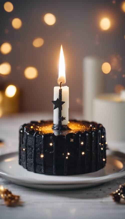 Ein schwarzer sternförmiger Kuchen auf einem weißen Teller mit einer funkelnden Kerze in der Mitte. Hintergrund [6a064d8b45b04e2ea060]