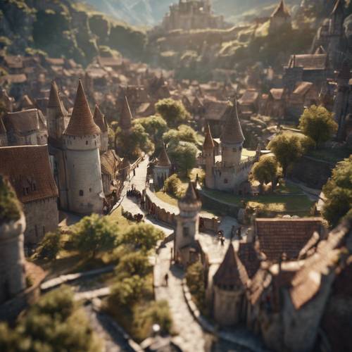 Um planeta de inspiração medieval, adornado com castelos imponentes, mercados movimentados e caminhos sinuosos de paralelepípedos.