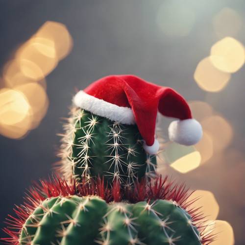 קקטוס חמוד חובש כובע סנטה קטן ואדום, חוגג את עונת חג המולד.