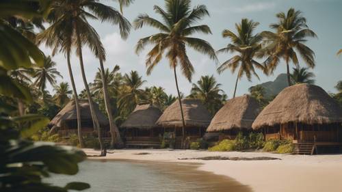 A tropical beach resort nestled amidst lush palm trees with thatched-roof bungalows.
