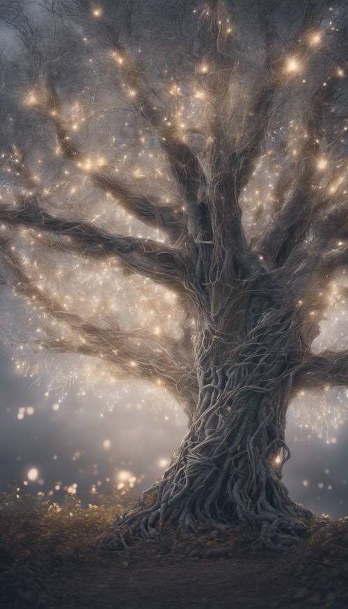 A fantastical image portraying a gray tree woven with magical threads of lights. Tapet [8e10be55054b42d39f68]
