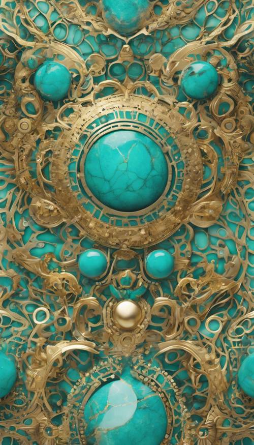 A whimsical pattern of turquoise and gold celestial elements. Tapeta [9ce9e60a5b4045ec963f]