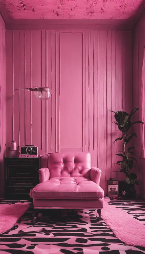 房間以粉紅色和黑色美學裝飾，充滿復古氣息。