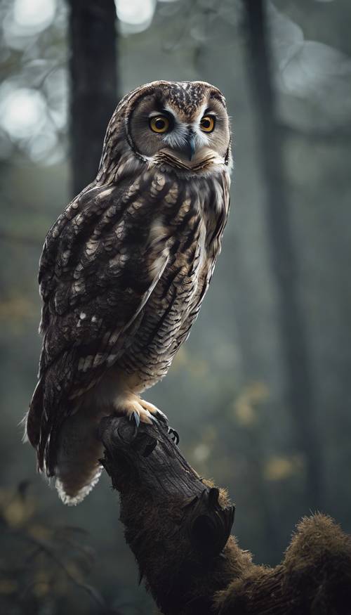 An owl perched on a moonlit branch, an eerie and misty forest in the background. Tapeta [0832338211bd4cadb861]