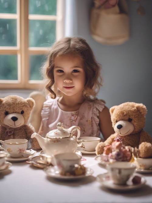 Seorang gadis cantik yang bahagia mengundang boneka beruangnya ke pesta teh yang diatur dengan cermat.