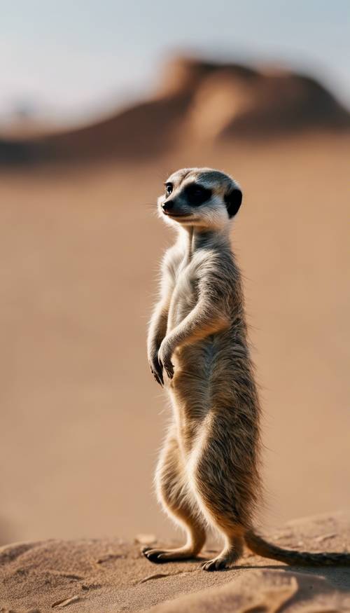 A baby meerkat standing upright and looking curiously at the viewer with a sandy desert in the background.