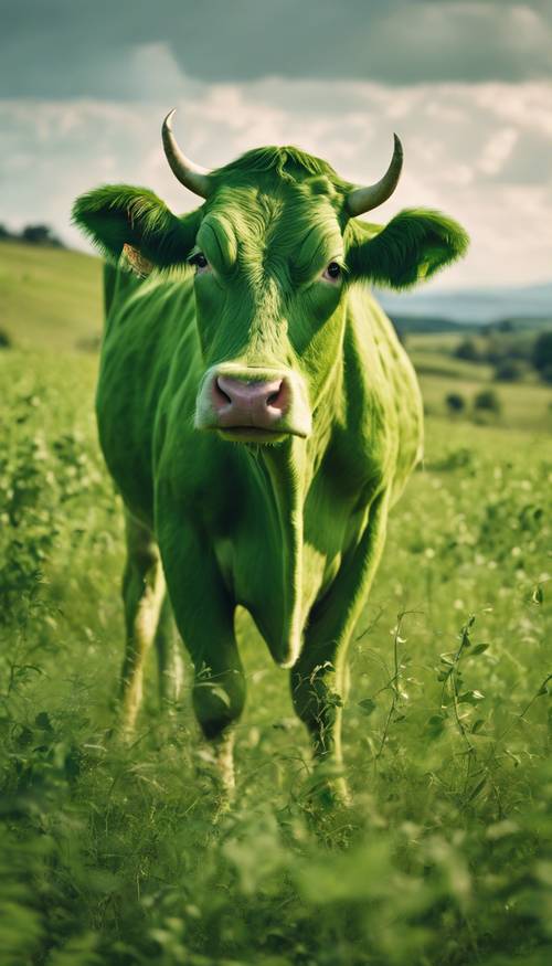 Yemyeşil bir meranın ortasında kamufle edilmiş yeşil inek, çimenli çevreye mükemmel bir şekilde uyum sağlıyor.
