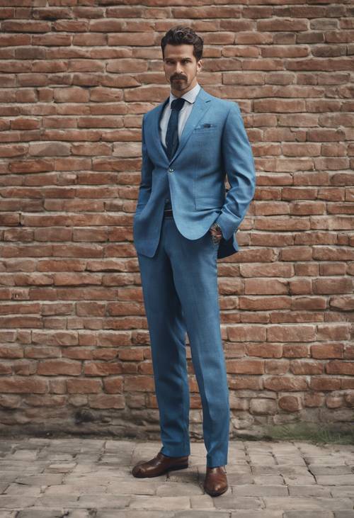 Un traje de lino azul vintage usado por un hombre parado con indiferencia contra una pared de ladrillos.