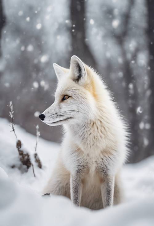 Một con cáo trắng ngụy trang trên khung cảnh đầy tuyết, đôi mắt lấp lánh sự tò mò.