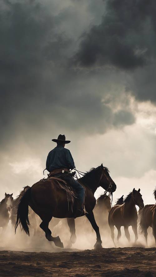 Un cowboy che si staglia cavalca con una mandria di cavalli mustang sotto un cielo tempestoso.