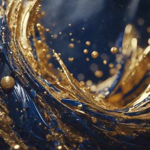 Ein abstraktes Gemälde, das die sanfte Verschmelzung von Marineblau und Gold zeigt.