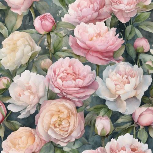 A soft-hued watercolor portrait of a quaint spring garden, filled with blooms of pastel roses and peonies.