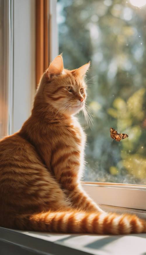 Un gato naranja y esponjoso descansando perezosamente en la ventana iluminada por el sol de una casa de estilo cottagecore, siguiendo con los ojos a una mariposa errante.