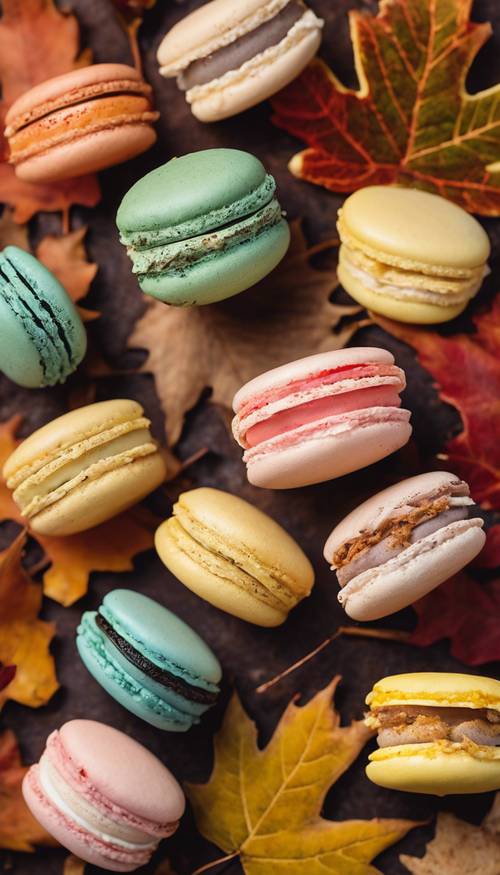 Assortimento selezionato di macaron a tema autunnale che riproducono i colori vivaci delle foglie cadute per una delizia unica per il Ringraziamento.