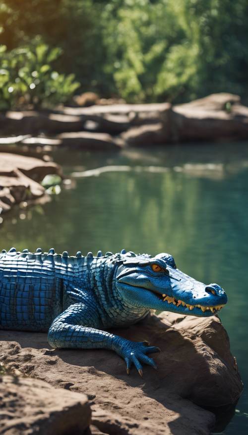 A vibrant blue crocodile basking in the noon sunlight on a riverbank. Tapetai [73d3b3ff7b80412a8fd2]