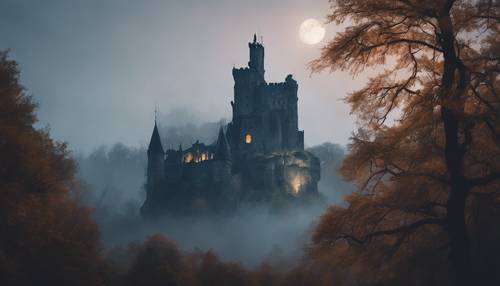 Un antiguo castillo que se alza al borde de un bosque espeso y brumoso bajo la luz de la luna llena.