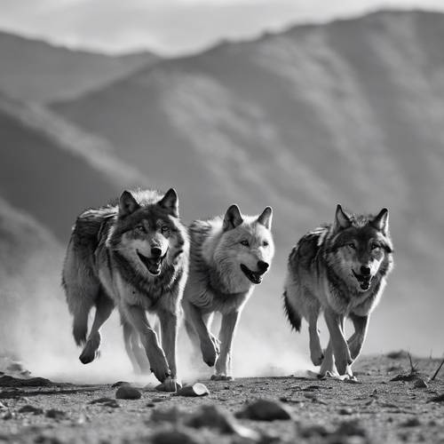 A black and white wolf pack on the move, stark against the backdrop of a barren mountain range.