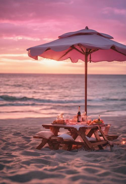 Uno spettacolare tramonto rosa in alto, che illumina un romantico picnic sulla spiaggia.