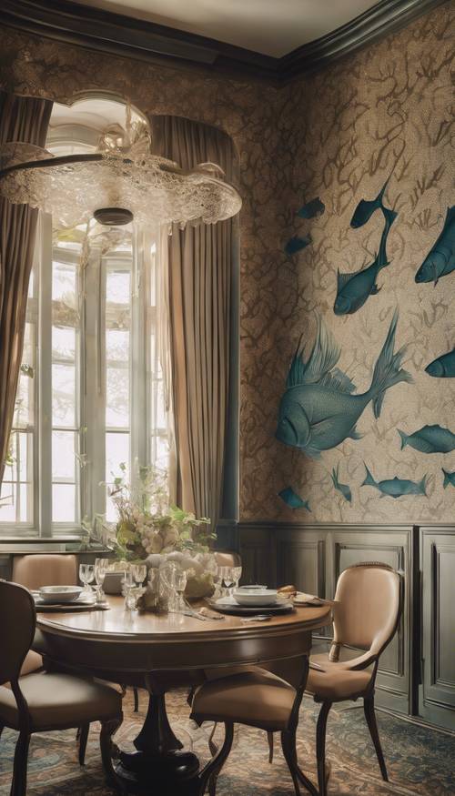 An elegant dining room with an Art Nouveau style wallpaper depicting an underwater scene with seaweed and ornate fish designs. Ფონი [8c2f9c16ae41490485b5]