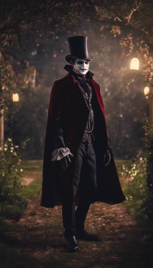 A Victorian gentleman dressed as a vampire, standing in a moonlit garden, twirling a masquerade mask.