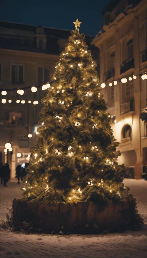 Un albero di Natale kawaii splendidamente illuminato nel mezzo di una tranquilla piazza cittadina a mezzanotte della vigilia di Natale.