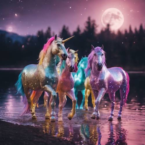 Una tribu de unicornios brillantes, todos brillantes de diferentes colores, bailando en las orillas de un lago bajo la luna llena.