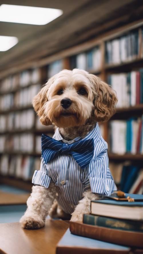 Ein adrett aussehender Hund, der ein blau-weiß gestreiftes Hemd mit passender Fliege trägt und in einer Bibliothek sitzt.