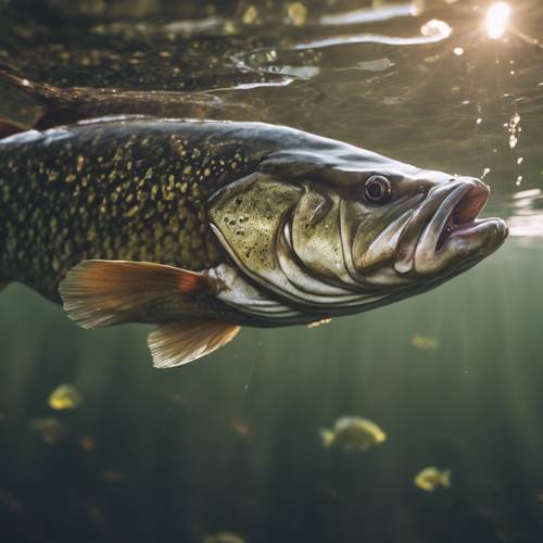 Gambar dekat dan detail ikan bass largemouth yang ditarik dari air berkilauan di bawah cahaya pagi.