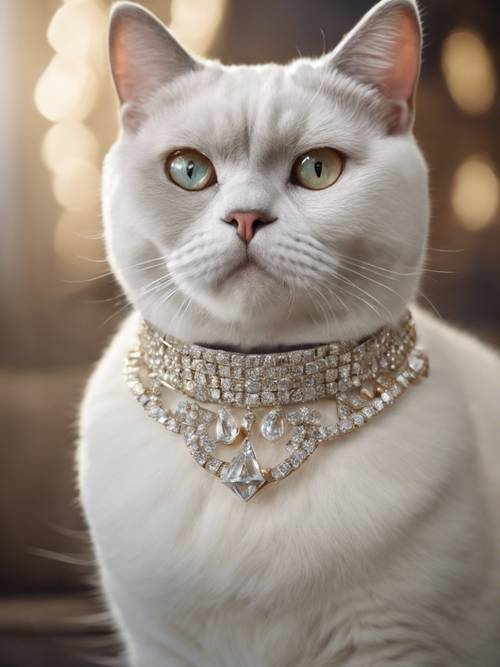 Um gato British Shorthair branco usando uma coleira cravejada de diamantes, representando uma sensação de luxo.