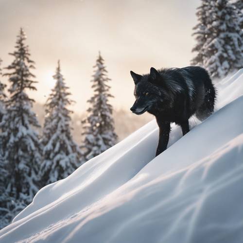 Seekor serigala hitam meluncur menuruni bukit bersalju pada pagi musim dingin yang menyenangkan.