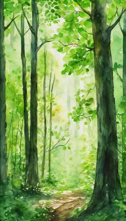 Öğle vakti parlak yeşil bir ormanı tasvir eden suluboya sahnesi.