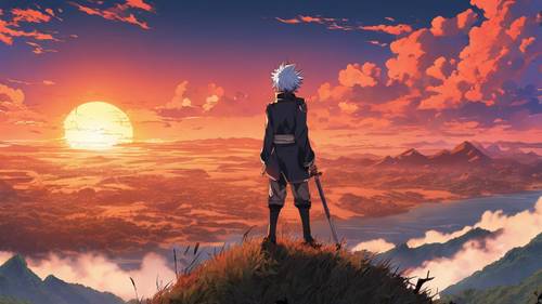 Una scena anime drammatica con un personaggio eroico in piedi in cima a una collina, che assume una posa vittoriosa contro un tramonto infuocato. Sfondo [43f10b4333b74790bde5]