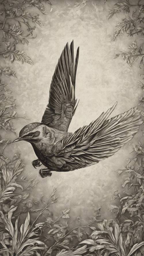 Un grabado de un pájaro de la época victoriana en vuelo, cada pluma minuciosamente detallada.