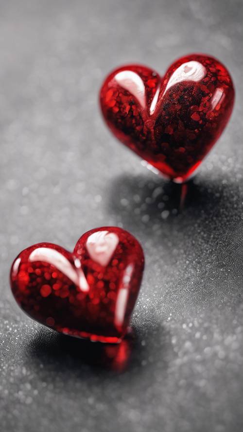 Sepasang hati yang penuh kasih, yang satu dicat dengan warna merah mengilap, yang lainnya berwarna hitam mengkilat.