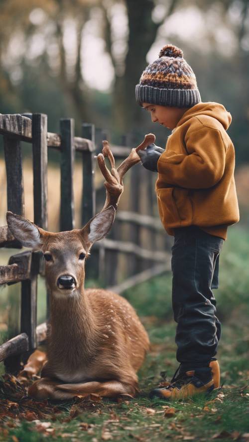Un ragazzo amichevole con un berretto, chinato su una staccionata per dare da mangiare a un timido cervo.