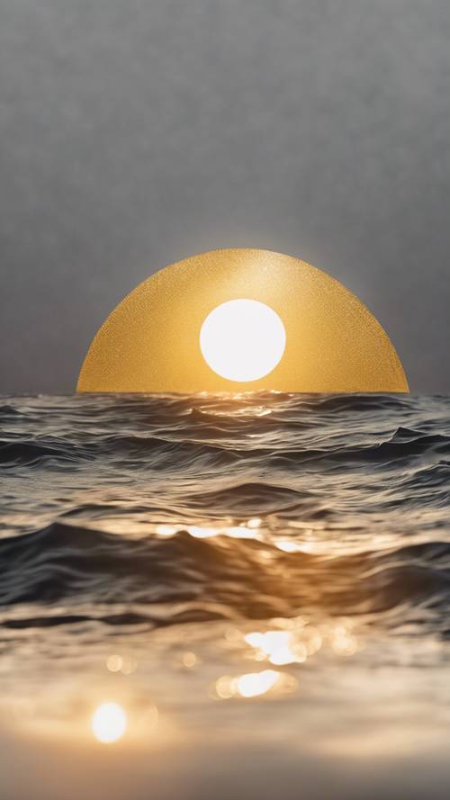 Penggambaran artistik abstrak tentang matahari emas terbenam di lautan abu-abu.