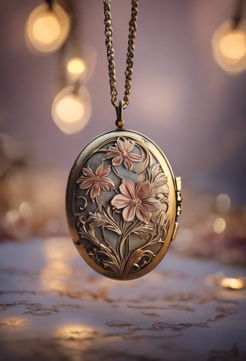 An antique locket bearing a delicate art nouveau floral design, glowing under a soft, warm light.