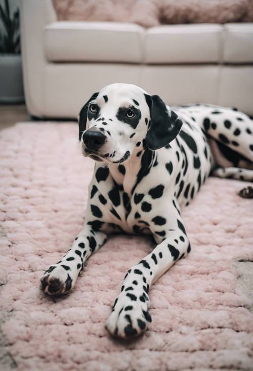 Um cão dálmata brincalhão com padrões únicos de bolinhas dormindo em um tapete felpudo.